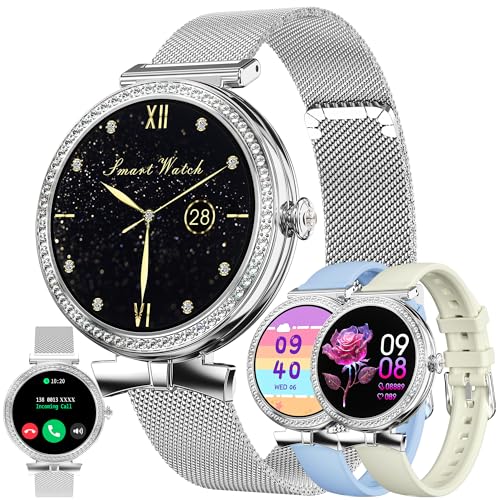 ZPIMY Smartwatch Damen mit Telefonfunktion, 1,2 Zoll Stahl Smart Watch mit Diamant|123 Sport|Menstruationszyklus|SpO2|Schlafmonitor|Sportuhr Aktivitätstracker für Android iOS|Geschenke Damen (Silber) von ZPIMY