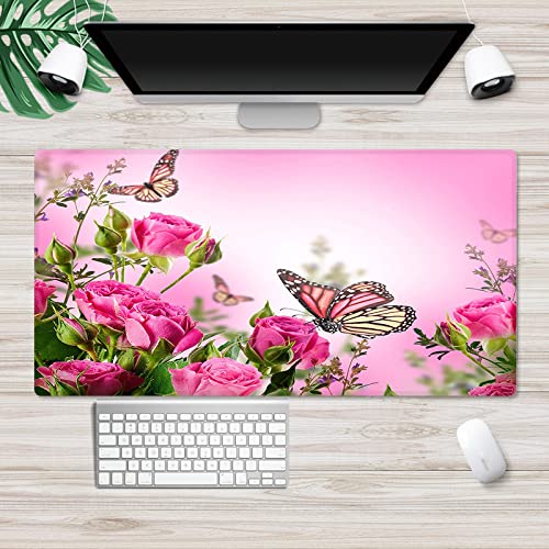 Mauspad Rosa Rose Schmetterling Mousepad Rutschfester Gummibasis Gaming Mauspad Verschleißfest Vernähte Kanten Mouse Pad Verbessert Geschwindigkeit Und Präzision Maus Pad 300x800x3mm von ZQMHCY