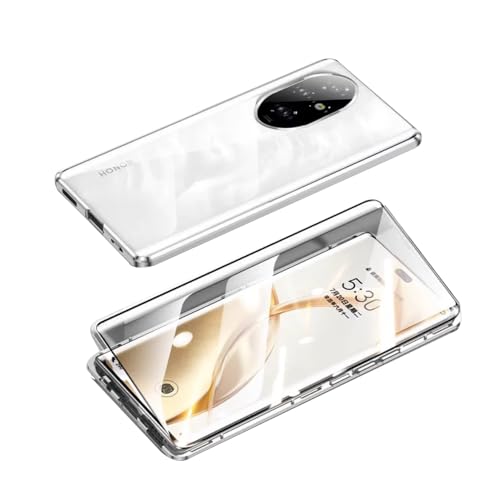 ZQYFCDZ Hülle Kompatibel mit Honor 200, Magnetische Adsorption Handyhülle 360 Grad Schutz Aluminiumrahmen mit Gehärtetes Glas, Starke Magneten Stoßfest Metall Flip Case Cover - Silber von ZQYFCDZ