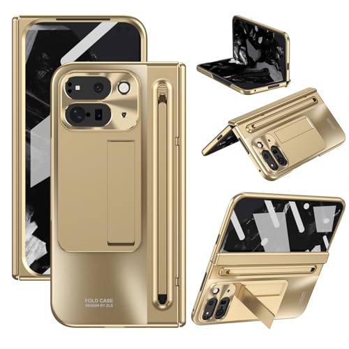 ZQYFCDZ Hülle für Google Pixel 9 Pro Fold - mit Integriertem Ständer, Stiftfach, Anti-Fingerprint und Kompletter Schutz mit Eingebauter Displayschutzfolie, Gold von ZQYFCDZ