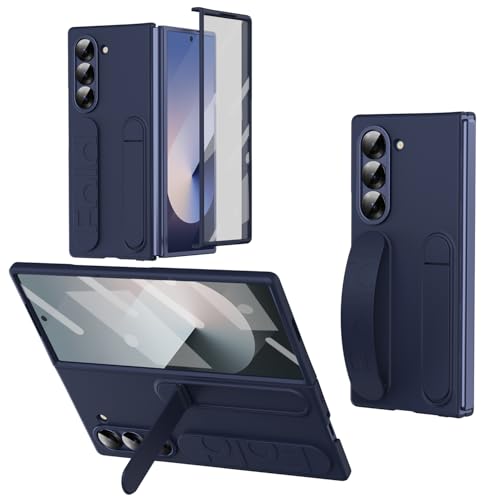 ZQYFCDZ Hülle für Samsung Galaxy Z Fold 6 – Vertikale Armbandtasche mit Griffring, tragbarem Ständer und Objektivschutz, Fingerabdruckresistentes PC-Material, Blau von ZQYFCDZ