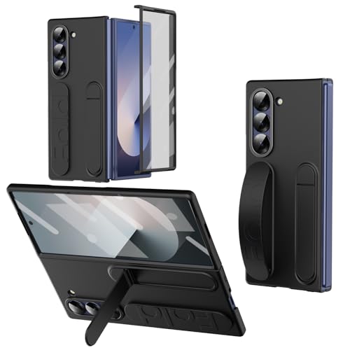 ZQYFCDZ Hülle für Samsung Galaxy Z Fold 6 – Vertikale Armbandtasche mit Griffring, tragbarem Ständer und Objektivschutz, Fingerabdruckresistentes PC-Material, Schwarz von ZQYFCDZ