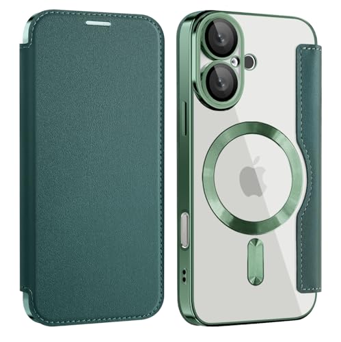 ZQYFCDZ Magnetische Hülle für iPhone 16 Kompatibel mit MagSafe, PU-Leder Flip Portemonnaie mit Kartensteckplatz, Transparente Handyhülle für iPhone 16, Grün ZQYFCDZ Magnetische Hülle für iPhone 16 Kompatibel mit MagSafe, PU-Leder Flip Portemonnaie mit Kartensteckplatz, Transparente Handyhülle für iPhone 16, Grün von ZQYFCDZ