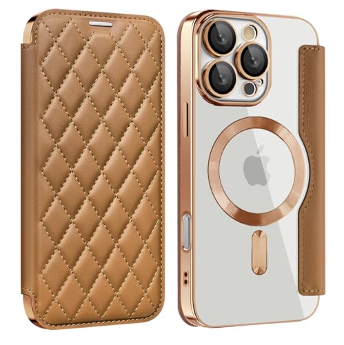 ZQYFCDZ Magnetisch Hülle für iPhone 16 Pro Kompatibel mit MagSafe, Transparente Anti-Kratzer Leder Flip Klapphülle mit RFID-Sperre Schutzhülle Case für iPhone 16 Pro Braun von ZQYFCDZ