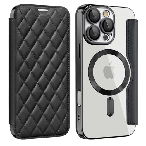 ZQYFCDZ Magnetisch Hülle für iPhone 16 Pro Max Kompatibel mit MagSafe, Transparente Anti-Kratzer Leder Flip Klapphülle mit RFID-Sperre Schutzhülle Case für iPhone 16 Pro Max Schwarz von ZQYFCDZ