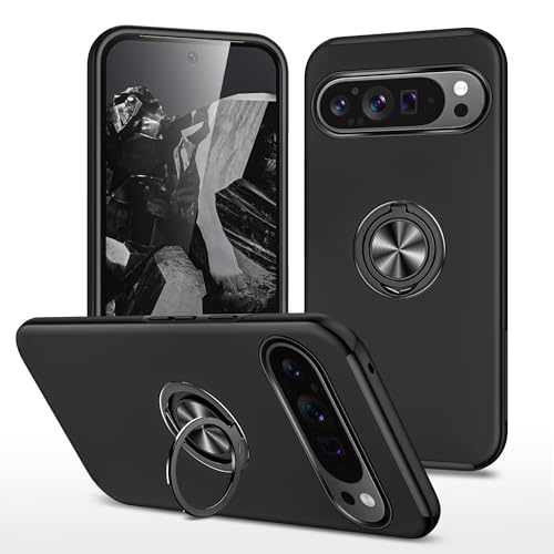 ZQYFCDZ hülle für Google Pixel 9 Pro XL Handyhülle mit 360 Grad Ring Metall Ständer Weich TPU Silikon Rahmen und PC Anti Kratzer und Stoßschutz Schutzhülle (Schwarz) von ZQYFCDZ