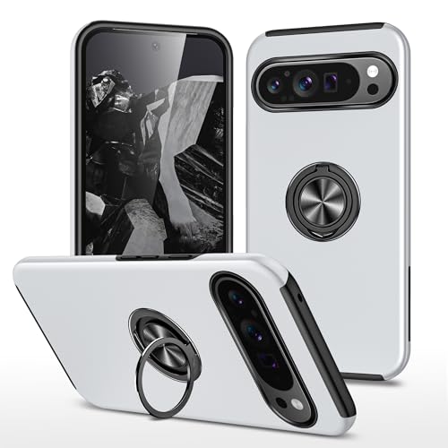 ZQYFCDZ hülle für Google Pixel 9 Pro XL Handyhülle mit 360 Grad Ring Metall Ständer Weich TPU Silikon Rahmen und PC Anti Kratzer und Stoßschutz Schutzhülle (Silber) von ZQYFCDZ