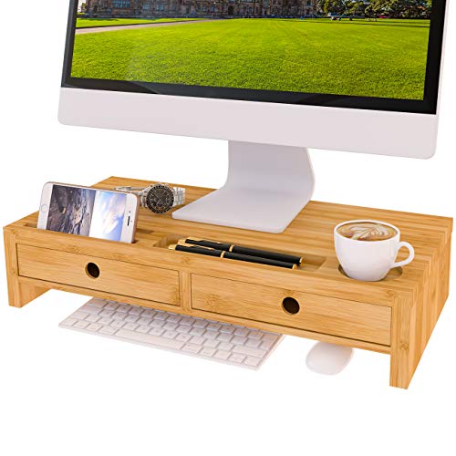 ZRI Bamboo Bildschirmerhöhung Monitorständer Holz Monitor Erhöhung Bildschirmerhöher mit 2 Schubladen Bambus HBT 56x27x12cm (Braun) von ZRI Bamboo