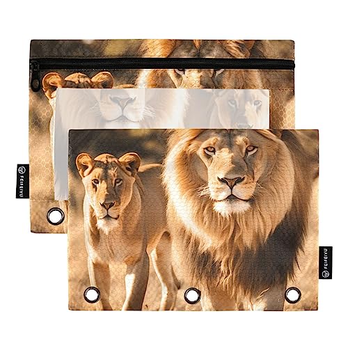 Löwe Prairie Grau Braun Gelb 3 Ring Große Kapazität Ordner Bleistift Tasche 2 Stück Transparente Aktenordner für Büro Zuhause Reißverschluss Aufbewahrungstasche von ZRWLUCKY