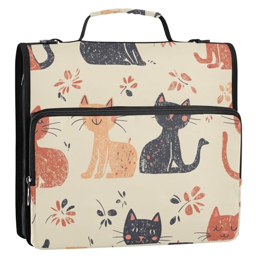 Niedliche Happy Cats beige 3 Ringe 3,8 cm Schule Reißverschluss Ordner mit Schultergurt Multi-Pocket Dokumentenmappe Organizer geeignet für Mittelschule von ZRWLUCKY