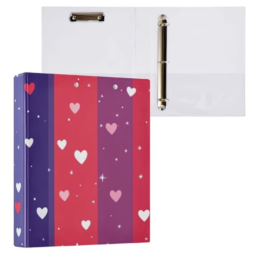 ZRWLUCKY Ordner mit violettem Herz und Streifen, 3,5 cm, runde Ringe mit Tascheneinband, 1/2er-Pack, Bürobedarf, 200 Blatt von ZRWLUCKY