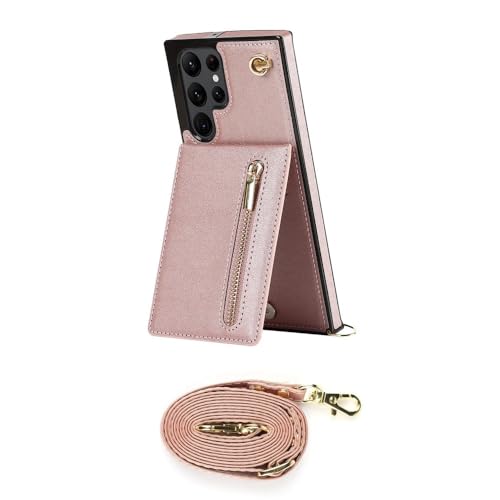 Reißverschluss-Geldbörse, Umhängeband, für Samsung Galaxy S24 Ultra S22 S21 Note20 S20 S10 S23 Plus 5G, Ständer, Kartenhalter, Rose, für Samsung S10 von ZSUFCBF