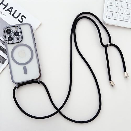 ZSUFCBF Luxuriöse Halskette mit Kordel, Lanyard, magnetische, transparente Handyhülle für iPhone 16 14 11 12 13 15 Pro Max, weich abgedeckt, Schwarz, für iPhone 14 Plus von ZSUFCBF