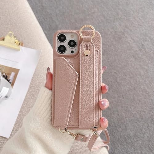ZSUFCBF Ring-Crossbody-Handgelenkschlaufe, Brieftasche, Lederhülle für iPhone 16 15 14 13 12 11 Pro Max, Handyhülle mit Kartensteckplatzhalter, Schlüsselband, Pink, für iPhone 11 von ZSUFCBF