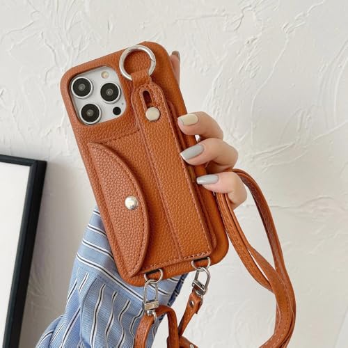 ZSUFCBF Umhängeband-Hülle mit Handschlaufe für iPhone 13 12 Mini 16 15 14 11 Pro XS Max X XR 7 8 Plus Kartenhalter-Geldbörse Lederhülle, braun, für iPhone 12 (12Pro) von ZSUFCBF