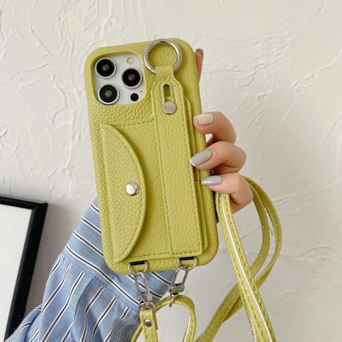 ZSUFCBF Umhängeband-Hülle mit Handschlaufe für iPhone 13 12 Mini 16 15 14 11 Pro XS Max X XR 7 8 Plus Kartenhalter-Geldbörse Lederhülle, grün, für iPhone 13 Mini von ZSUFCBF