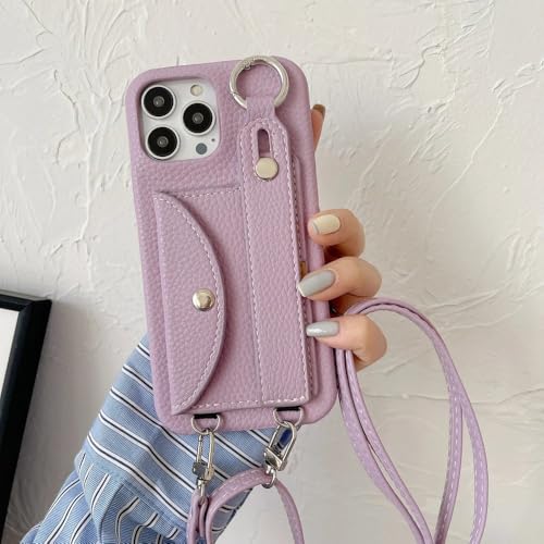 ZSUFCBF Umhängeband-Hülle mit Handschlaufe für iPhone 13 12 Mini 16 15 14 11 Pro XS Max X XR 7 8 Plus Kartenhalter-Geldbörse aus Leder, Lila, Für iPhone 12 (12Pro) von ZSUFCBF
