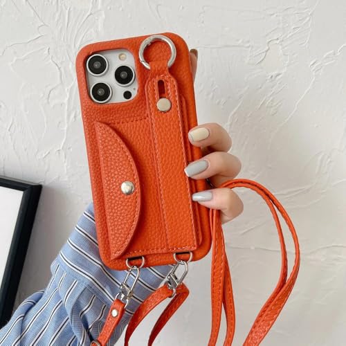 ZSUFCBF Umhängeband-Hülle mit Handschlaufe für iPhone 13 12 Mini 16 15 14 11 Pro XS Max X XR 7 8 Plus Kartenhalter-Geldbörse aus Leder, orange, für iPhone 12 (12Pro) von ZSUFCBF