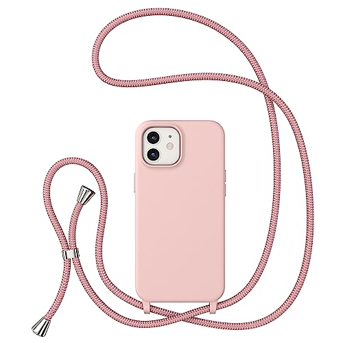 ZTOFERA Handykette Hülle Kompatibel mit iPhone 12/iPhone 12 Pro, Liquid Silikon Handyhülle mit Umhängeband, Schutzhülle mit Band Kordel zum Umhängen Necklace Hülle für iPhone 12/12 Pro, Rosa von ZTOFERA