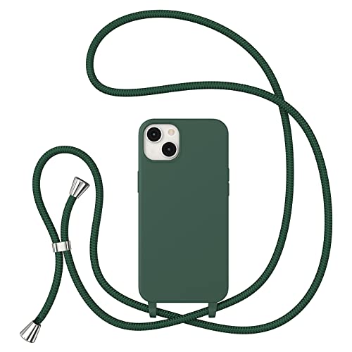 ZTOFERA Handykette Hülle Kompatibel mit iPhone 15 (6.1"), Liquid Silikon Handyhülle mit Umhängeband, Schutzhülle mit Band Kordel zum Umhängen Necklace Hülle, Dunkelgrün von ZTOFERA