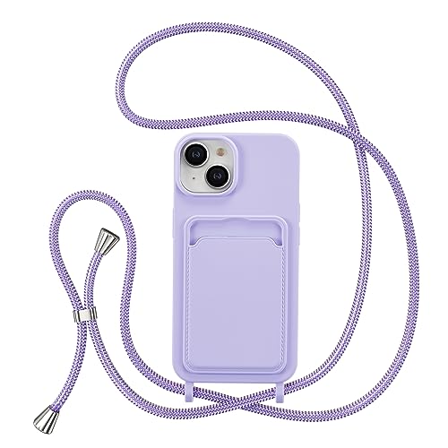 ZTOFERA Handykette Hülle für iPhone 13 / iPhone 14 mit Kartenhalter, Liquid Silikon Handyhülle mit Umhängeband, Schutzhülle mit Band Kordel zum Umhängen Necklace Hülle für 13/14, Lila von ZTOFERA