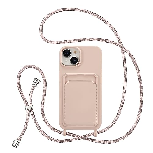 ZTOFERA Handykette Hülle für iPhone 13 / iPhone 14 mit Kartenhalter, Liquid Silikon Handyhülle mit Umhängeband, Schutzhülle mit Band Kordel zum Umhängen Necklace Hülle für 13/14, Rosa von ZTOFERA