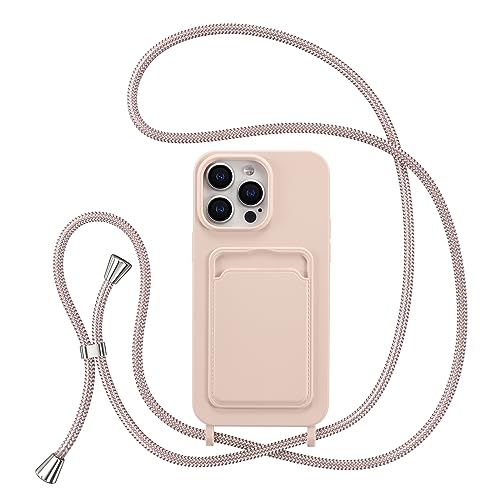 ZTOFERA Handykette Hülle für iPhone 14 Pro Max mit Kartenhalter, Liquid Silikon Handyhülle mit Umhängeband, Schutzhülle mit Band Kordel zum Umhängen Necklace Hülle für 14 Pro Max, Rosa von ZTOFERA