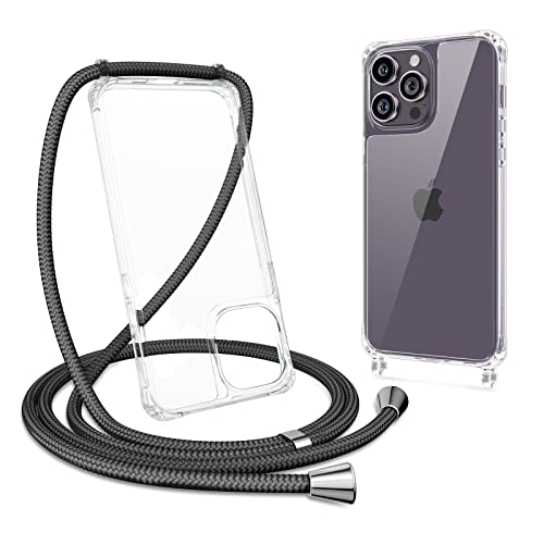 ZTOFERA Handykette Hülle für iPhone 15 Pro(6.1") Hülle mit Band, Transparent Harte Rückseite + TPU Bumper Necklace Schutzhülle mit Schnur Kordel zum Umhängen Stoßfest Cover für iPhone 15 Pro, Schwarz von ZTOFERA