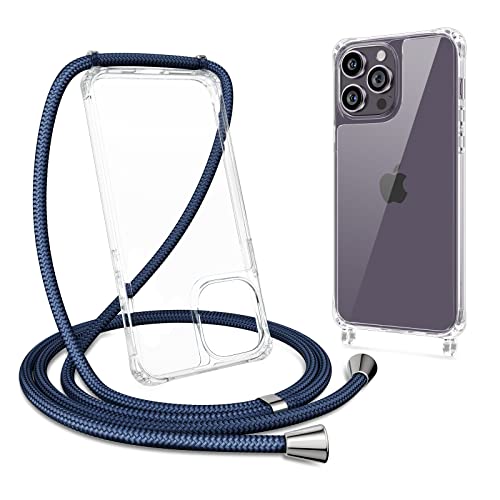 ZTOFERA Handykette Hülle für iPhone 15 Pro Max Hülle mit Band, Transparent Harte Rückseite + TPU Bumper Necklace Schutzhülle mit Schnur Kordel zum Umhängen Stoßfest Cover für 15 Pro Max, Marineblau von ZTOFERA