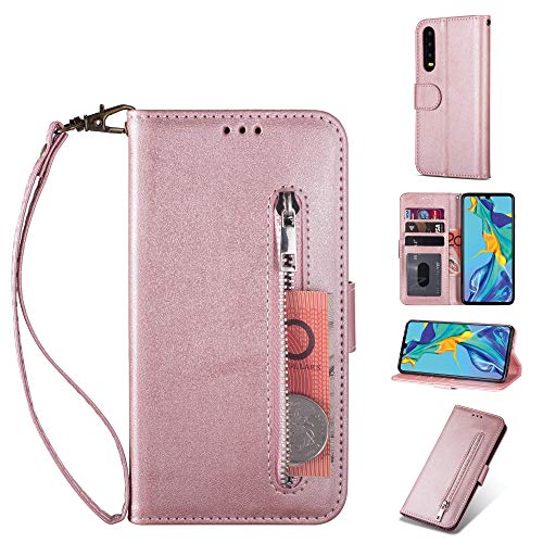 ZTOFERA Huawei P30 Pro Hülle, Magnetisch Folio Flip Wallet Leder Standfunktion Reißverschluss schutzhülle mit Trageschlaufe, Brieftasche Hülle für Huawei P30 Pro - Roségold von ZTOFERA