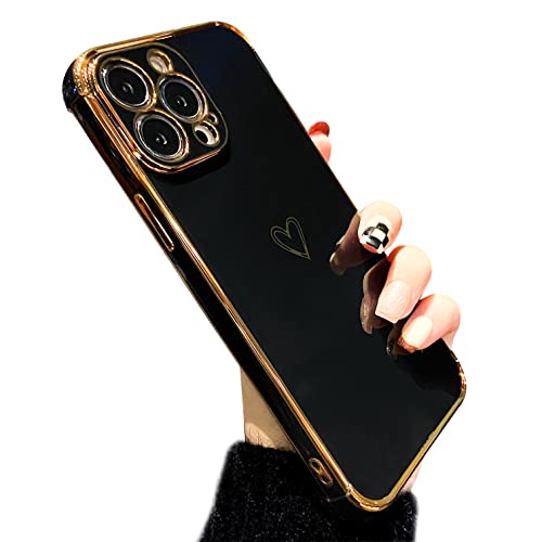 ZTOFERA Hülle Kompatibel mit iPhone 13 Pro Max für Mädchen Frauen, Flexibel Weiche Silikon Schutzhülle mit Cute Herz Muster Goldener Rand Stoßfest Cover Handyhülle für iPhone 13 Pro Max, Schwarz von ZTOFERA