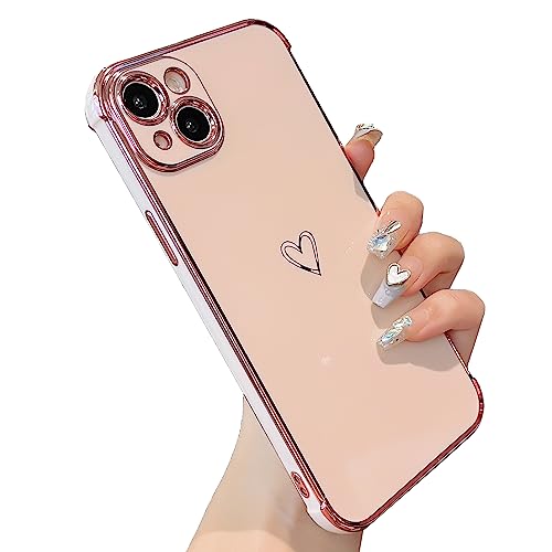 ZTOFERA Hülle Kompatibel mit iPhone 14 Plus Handyhülle für Mädchen Frauen, Flexibel Weiche Silikon Schutzhülle mit Liebe Herz Muster Goldener Rand Stoßfest Bumper Cover für iPhone 14 Plus, Rosa von ZTOFERA