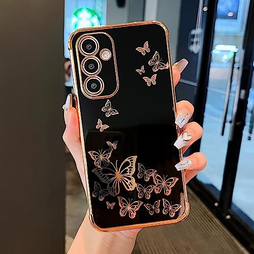 ZTOFERA Hülle für Samsung A15 5G/4G, Vergoldet Schmetterling Muster Etui mit Goldene Kante, Flexible TPU Anti-Kratzer Stoßfest Schutzhülle für Samsung Galaxy A15 - Schwarz von ZTOFERA