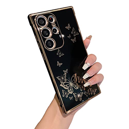 ZTOFERA Hülle für Samsung S23 Ultra 5G, Vergoldet Schmetterling Muster Etui mit Goldene Kante, Flexible TPU Anti-Kratzer Stoßfest Schutzhülle für Samsung Galaxy S23 Ultra - Schwarz von ZTOFERA