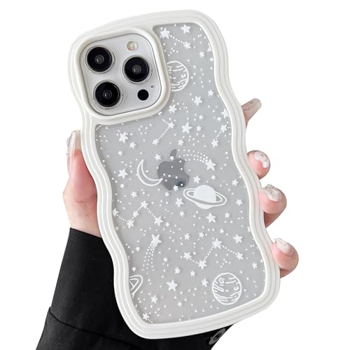 ZTOFERA Hülle für iPhone 15 Pro, Klar Schutzhülle mit Planeten Sterne Mond Muster, Harte PC Buntes Niedliche Lockige Wellen Rahmenform Weiche Silikon Hülle Stoßfest Bumper Cover, Creme von ZTOFERA