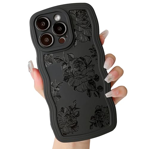 ZTOFERA Hülle für iPhone 15 Pro Max, Niedliche Lockige Wellen Rahmenform Cool Schwarz Blume Floral Design Flüssigsilikon Hülle, Flexible Stoßfeste Schutzhülle für iPhone 15 Pro Max 6,7"- Rose von ZTOFERA