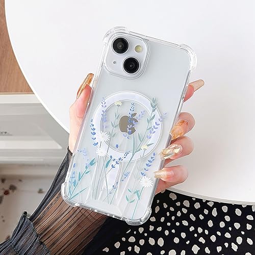 ZTOFERA Magnetisch Hülle für iPhone 15, Transparent Weiches Hülle mit Blume Muster [Kompatibel mit MagSafe Wireless Charging], Sturzfeste Stoßstange Schutzhülle für iPhone 15 (6,1") - Lavendel von ZTOFERA