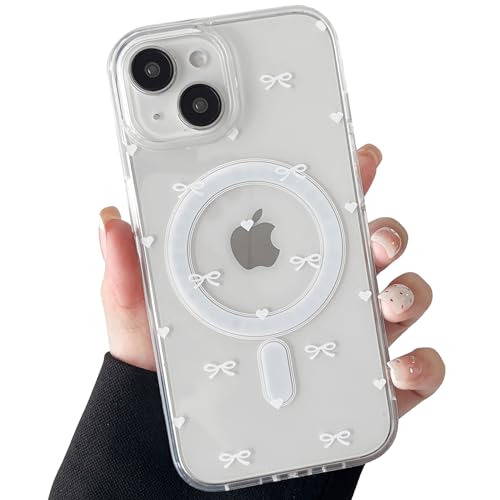 ZTOFERA Magnetisches Hülle für iPhone 13/14 (6.1"), Ästhetische Transparente Handyhülle Kompatibel mit MagSafe, Cute Schleife & Liebe Herz Muster Weiche TPU Stoßfest Schutzhülle, Weiß von ZTOFERA