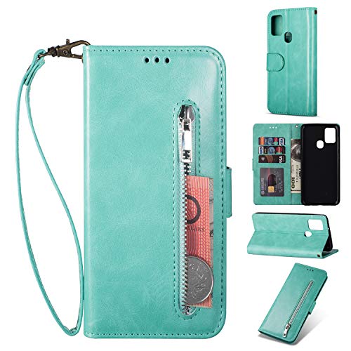 ZTOFERA Samsung A21S Hülle, Magnetisch Folio Flip Wallet Leder Standfunktion Reißverschluss schutzhülle mit Trageschlaufe, Brieftasche Hülle für Samsung Galaxy A21S - Minzgrün von ZTOFERA