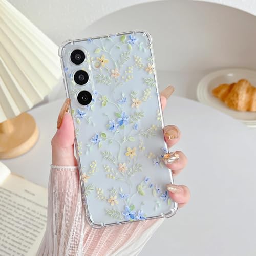ZTOFERA Schutzhülle für Samsung Galaxy S24 Plus, transparent, niedliches Blumenmuster für Frauen und Mädchen, stoßfest, dünn, TPU-Stoßfänger, Handyhülle, Blau-Rosa Blume von ZTOFERA