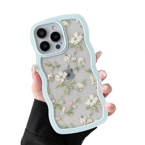 ZTOFERA Schutzhülle mit Blumenmuster für iPhone 15 Pro Max 6,7 Zoll (6,7 Zoll), niedlich, lockig, gewellt, Rahmenform, mit grünem Blattmuster, für Damen und Mädchen, transparent, weich, schlank, von ZTOFERA