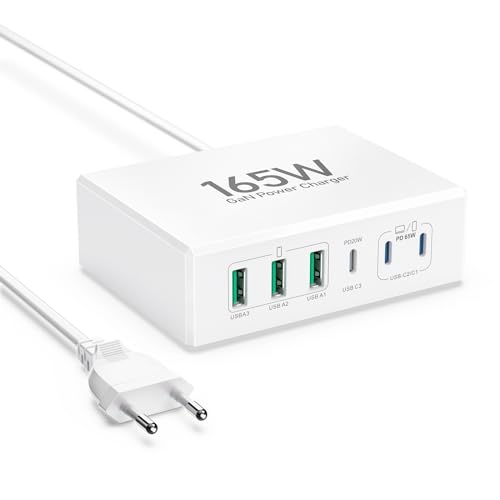 ZUANQL 165W USB C Ladegerät, 6-Port USB Ladestecker GaN PD 3.0 Schnellladegerät mit 3 USB-C und 3 USB-A, USB C Netzstecker für iPhone 15 14 13 12 Pro Max, MacBook Pro Air, Samsung S24 /S23/S22 usw von ZUANQL