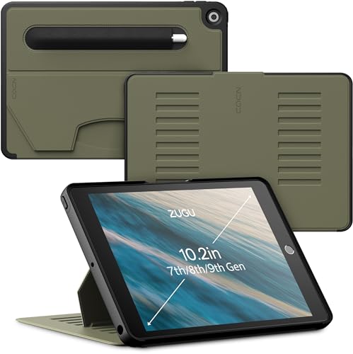 ZUGU iPad 10.2 Hülle 2021/2020 / 2019, schlanke Schutzhülle für die iPad9 / iPad8 / iPad7, 8 Winkel-Ständer magnetisch, Stifthalter, Auto Sleep/Wake UP [ Olivgrün ] von ZUGU CASE