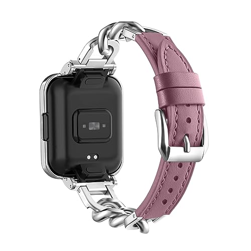 Metall kette mit Leder für Xiaomi Redmi Watch 3 Active/Redmi Watch 3 Lite Armband, Damen Edelstahl Armband Gliederarmband Ersatzarmband Kompatibel mit Xiaomi Redmi Watch 3 Active/Lite Armband (F) von ZUREGO