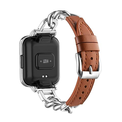 Metall kette mit Leder für Xiaomi Redmi Watch 3 Active/Redmi Watch 3 Lite Armband, Damen Edelstahl Armband Gliederarmband Ersatzarmband Kompatibel mit Xiaomi Redmi Watch 3 Active/Lite Armband (H) von ZUREGO