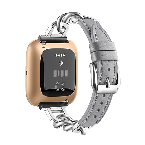 ZUREGO Metall Kette mit Leder für Fitbit Versa 2/Versa/Versa Lite Armband, Damen Edelstahl Armband Gliederarmband Ersatzarmband Kompatibel mit Fitbit Versa 2/Versa/Versa Lite Armband (D) von ZUREGO