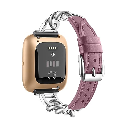 ZUREGO Metall Kette mit Leder für Fitbit Versa 2/Versa/Versa Lite Armband, Damen Edelstahl Armband Gliederarmband Ersatzarmband Kompatibel mit Fitbit Versa 2/Versa/Versa Lite Armband (F) von ZUREGO