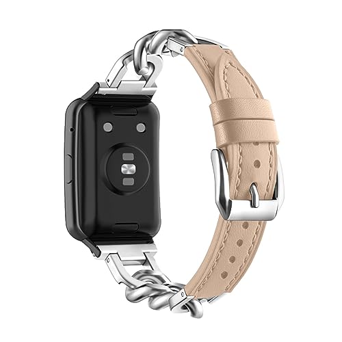 ZUREGO Metall Kette mit Leder für Huawei Watch Fit 1 Armband, Damen Edelstahl Armband Gliederarmband Ersatzarmband Kompatibel mit Huawei Watch Fit 1 Armband (A) von ZUREGO