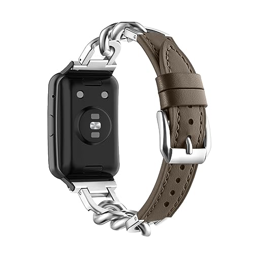 ZUREGO Metall Kette mit Leder für Huawei Watch Fit 2 Armband, Damen Edelstahl Armband Gliederarmband Ersatzarmband Kompatibel mit Huawei Watch Fit 2 Armband (G) von ZUREGO