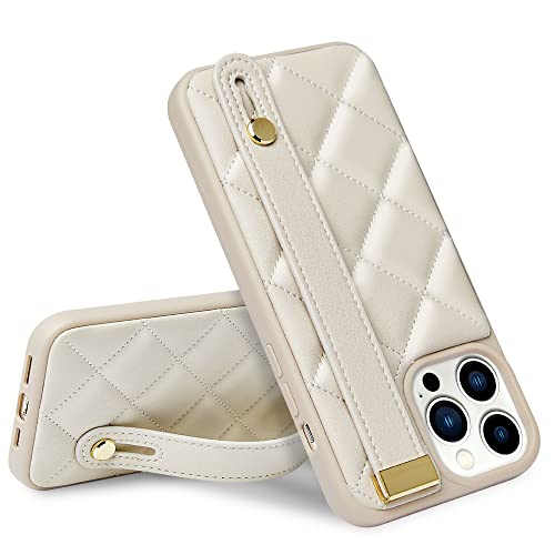 ZVE Entworfen für iPhone 13 Pro Max Kickstand Hülle, gestepptes Leder, stoßfeste Schutzhülle mit Ständer für Frauen, Riemenabdeckung, kompatibel mit iPhone 13 Pro Max, 16,7 cm, Beige von ZVE